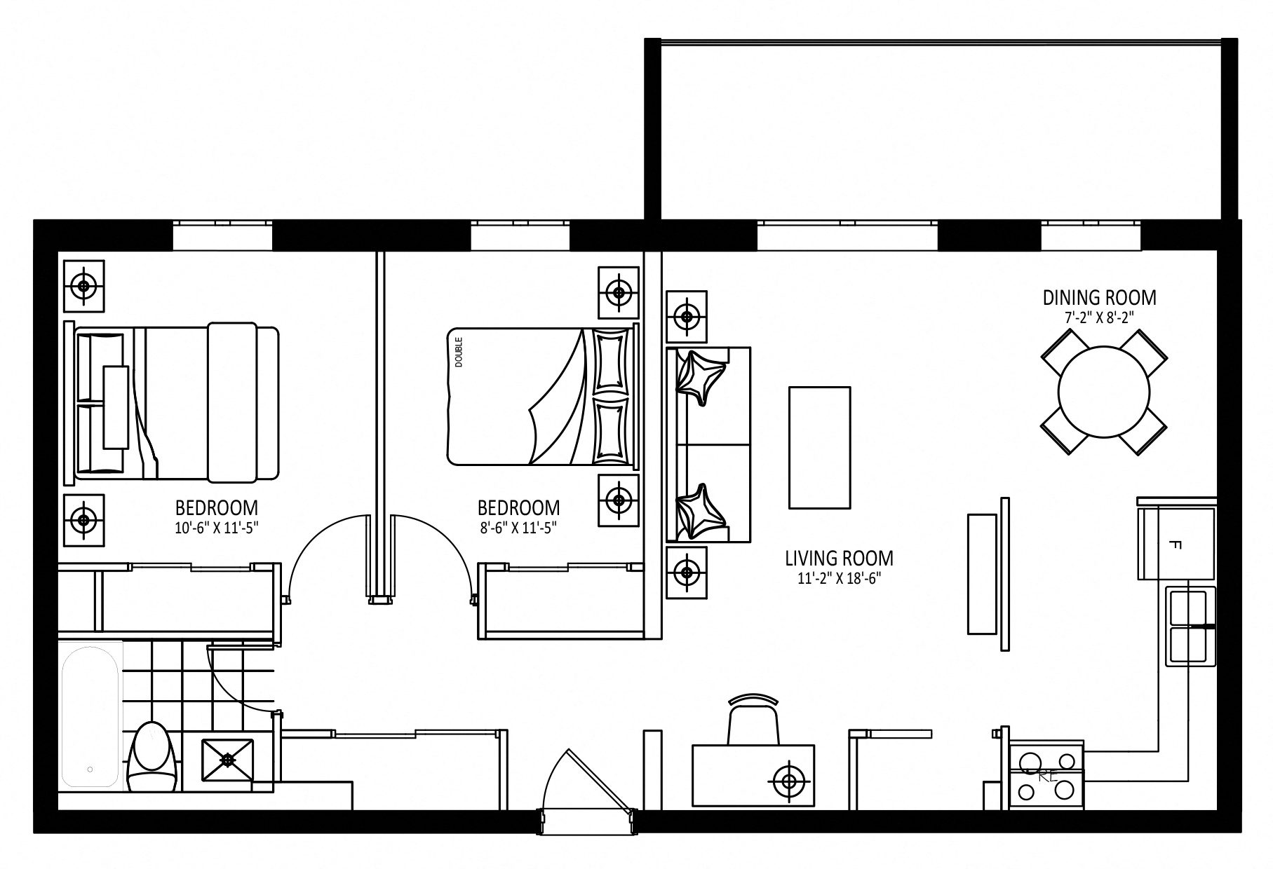 Floor plan for 2 beds, 1 bath, 788 sqft